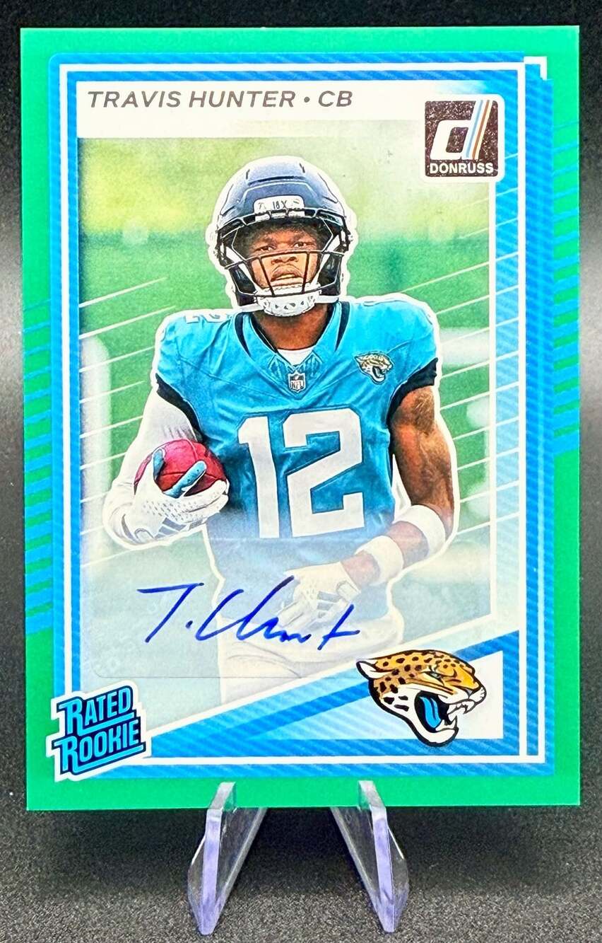 Travis Hunter Jacksonville Jaguars Donruss Rated Rookie Auto Green Football Card